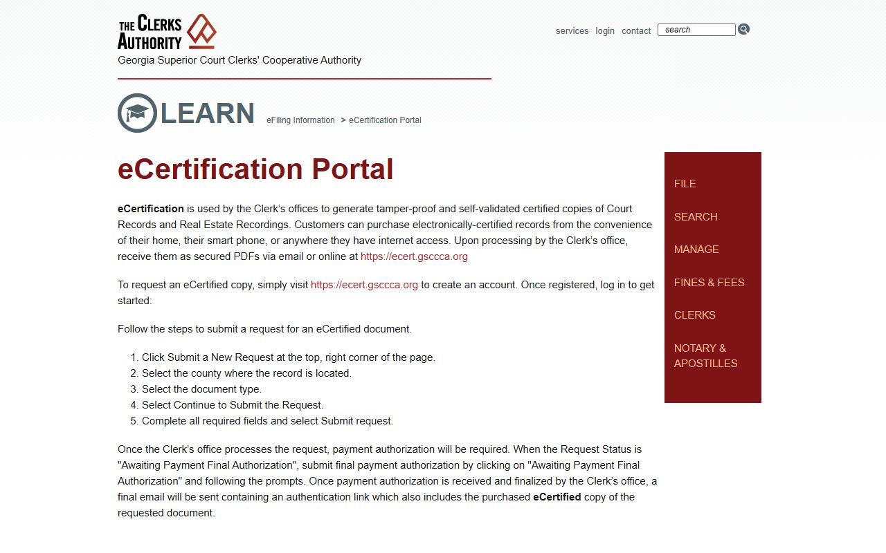 Murray County Clerk of Superior Court records GSCCCA eCertification page