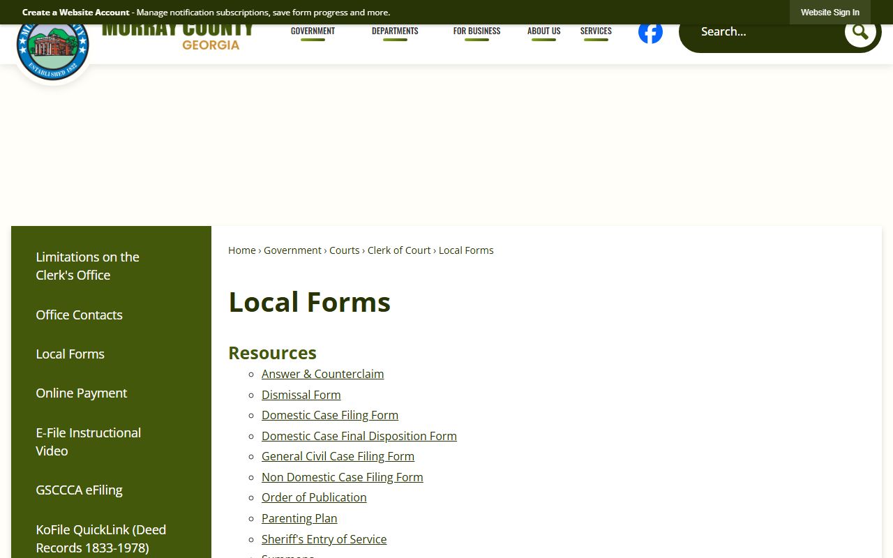 Murray County Clerk of Superior Court records local forms page