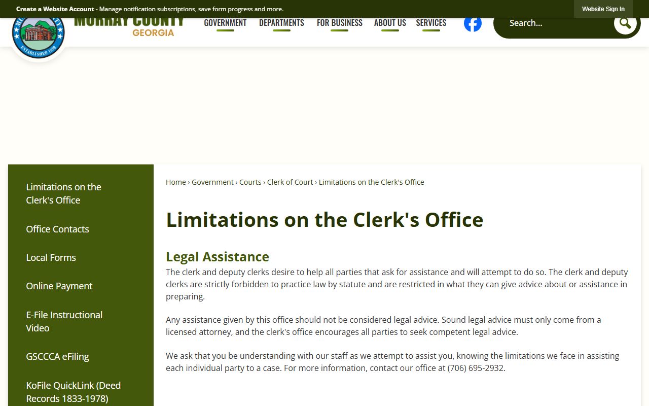 Murray County Clerk of Superior Court records legal advice limitation page