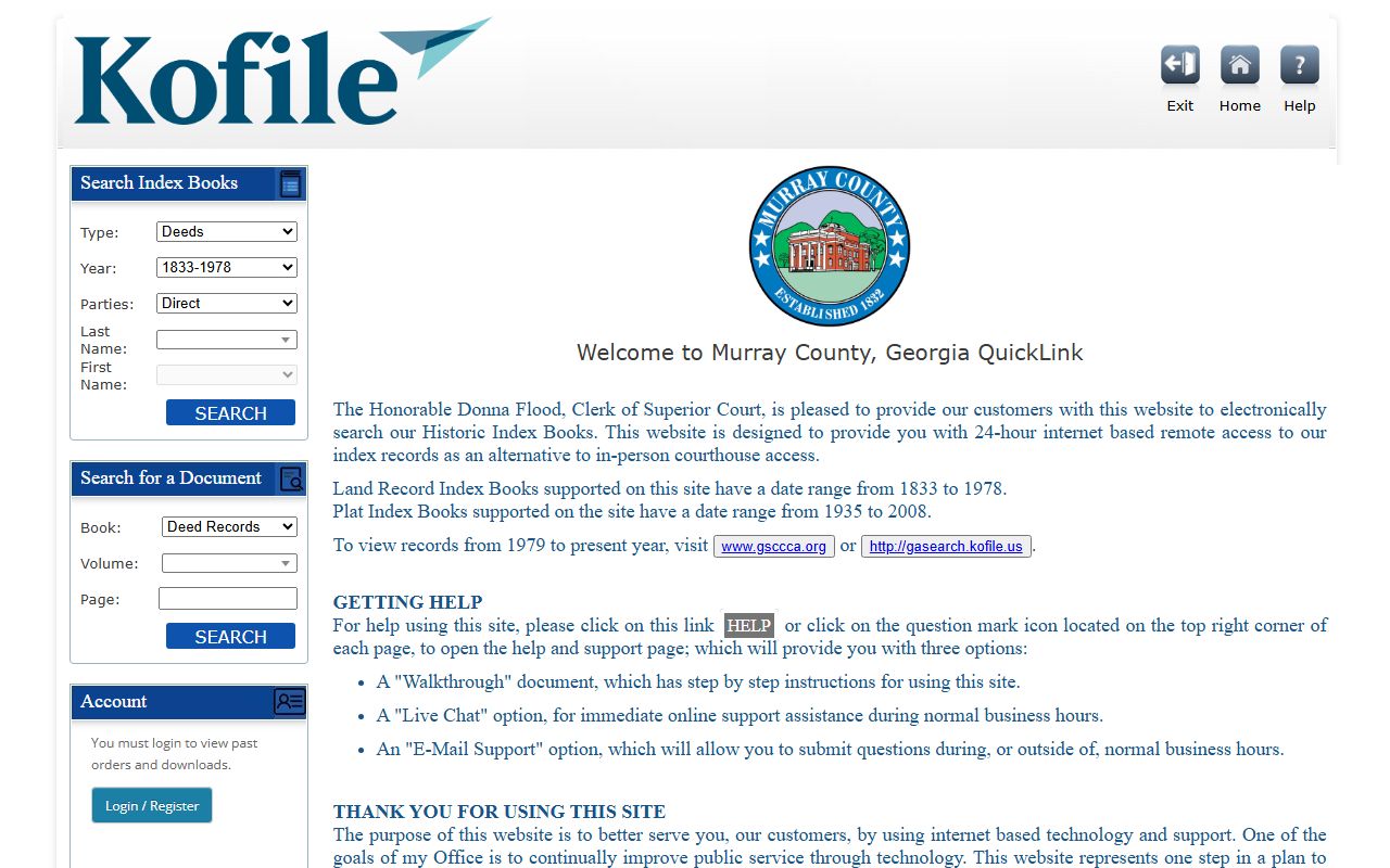 Murray County court records KoFile QuickLink historic index search