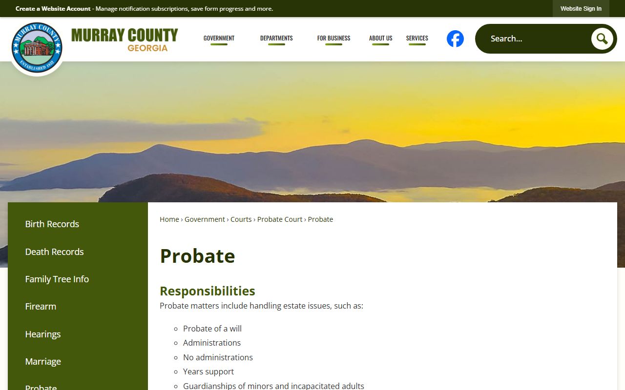 Murray County probate records fee and estate matter page