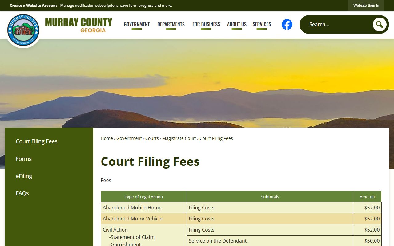 Murray County warrant records Magistrate Court filing fees